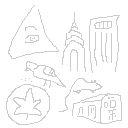Pixelated doodle of a collection of NYC-related things: the Keano eye-in-pyramid, the Chrysler building and AT&T long lines building, a Redbird train, the parks department logo, a pigeon and a rat.